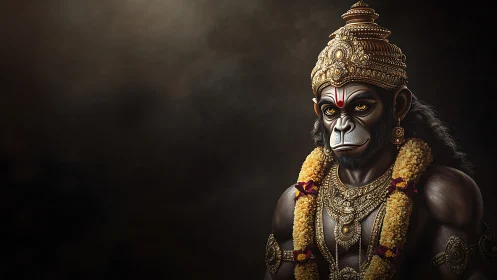 Digital painting of divine simian warrior with ornate regalia.