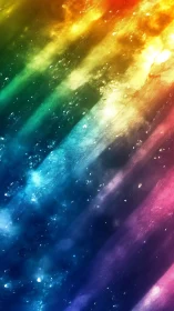 Diagonal rainbow light streaks with scattered glowing particles