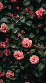 Pink roses with green foliage displayed in overhead composition.