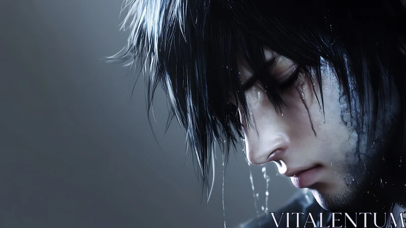 Wet haired anime male in close melancholy profile portrait.