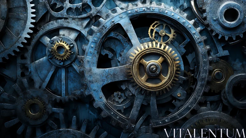 3D industrial gearwork matrix with brass focal cogs.