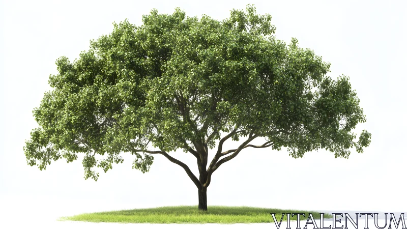 Lush Green Tree on Grass Patch in Minimalist Natural Style.