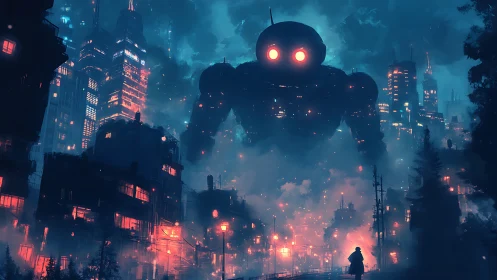 Gigantic urban mech incursion amid neon fog and fireglow.
