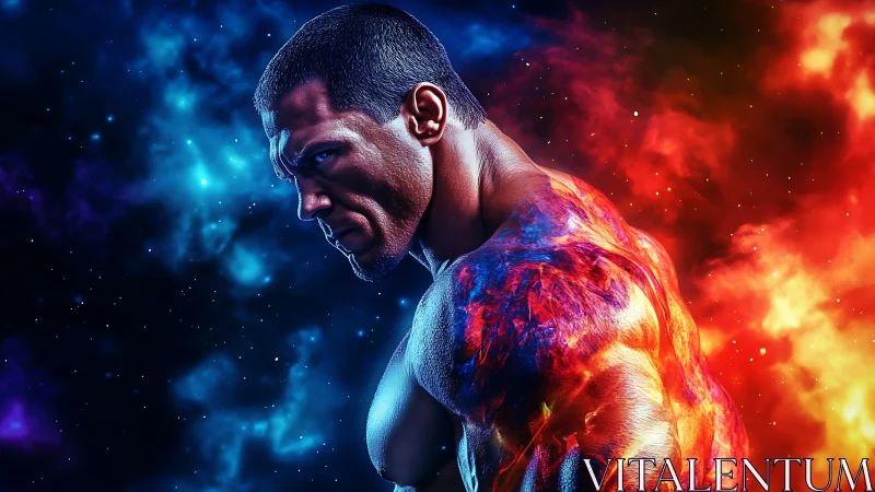 Cosmic warrior emerges between fire and icy starlight.