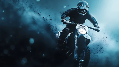 Night-charged motocross rider carving sparks through mist.