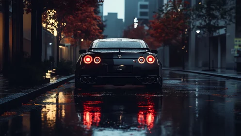 Midnight skyline hunter idles among rain slicked autumn streets