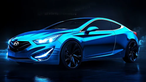 Blue Hyundai coupe is rendered in stylized frontal side view