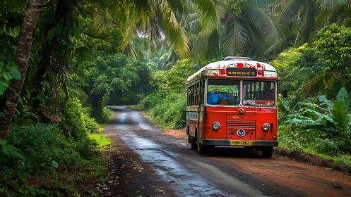 Red rural bus driving on wet road through dense greenery.