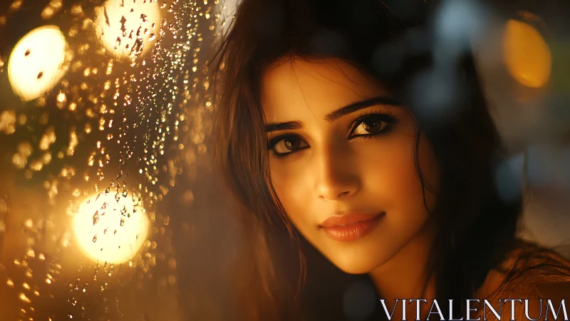 Portrait of woman near rainlit window in warm bokeh glow