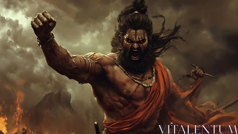 Storm-charged warrior roaring into a burning horizon.