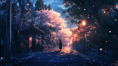 Gentle twilight walk beneath glowing cherry blossoms.