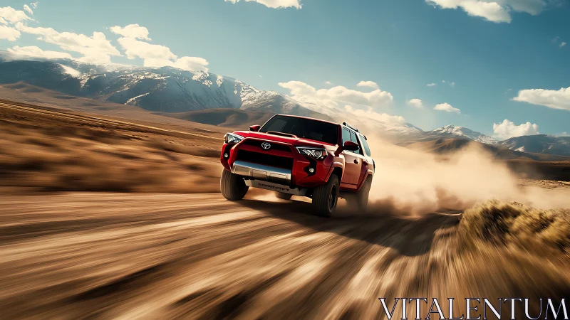 Red SUV powers through dusty desert road near mountains.