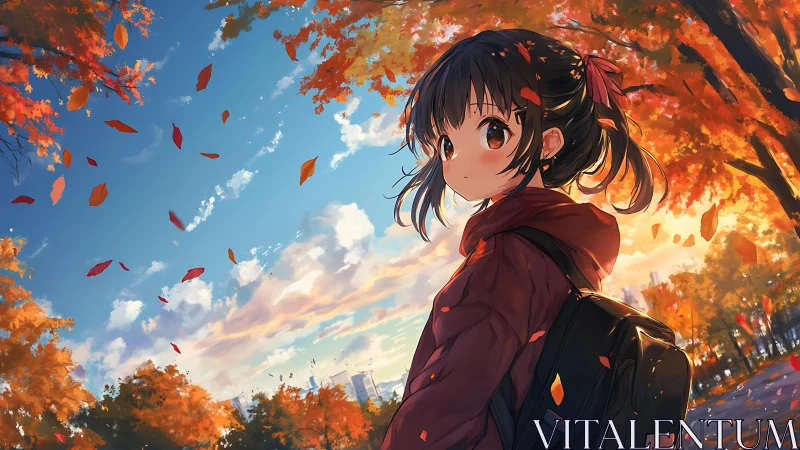 Autumn park anime girl in red hoodie under vivid sunset sky