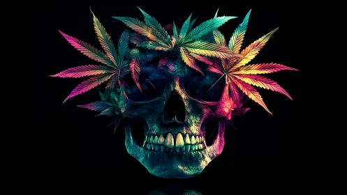 Chromatic human skull with neon cannabis leaf crown on black