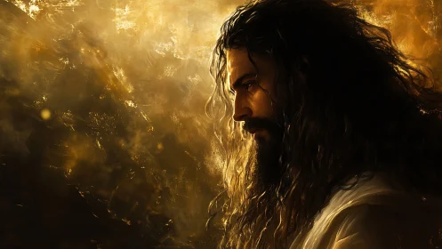 Radiant bearded man in golden ethereal side profile light.