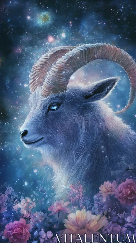 Starlit horned guardian dreaming in a cosmic flower field.