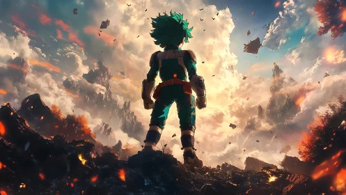 Heroic silhouette meets storm-split heavens in blazing dawn.