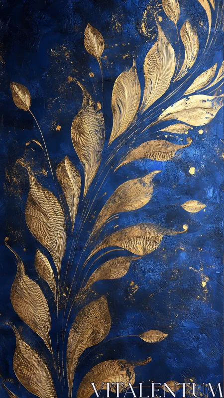 Gold botanical pattern on textured deep blue background.
