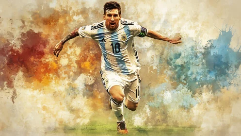 Footballer in Argentina kit over abstract paint backdrop.