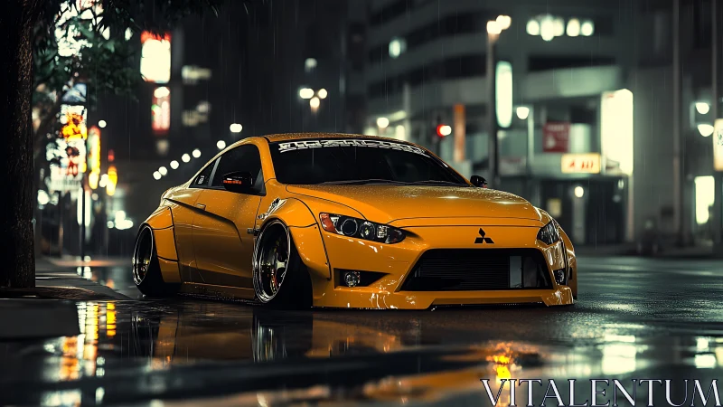 Midnight rain-slicked Mitsubishi prowls neon city streets.