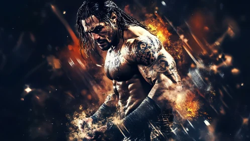 Muscular tattooed fighter in dynamic fiery composition.