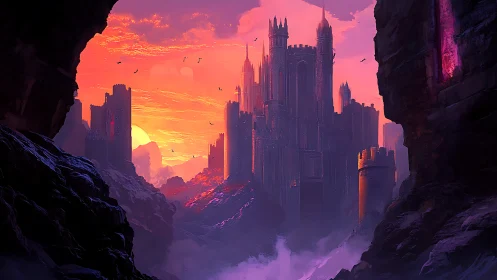 Crimson sunset wraps a towering fantasy cliffside castle