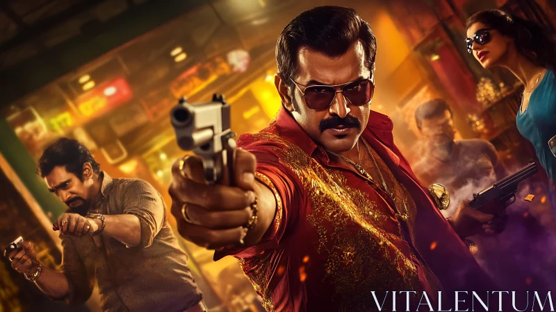 Cinematic crime trio framed in dynamic, gunpoint close-up