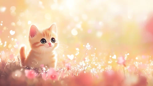 Luminous Kitten Discovers Wonder in Bloom-Scattered Meadow