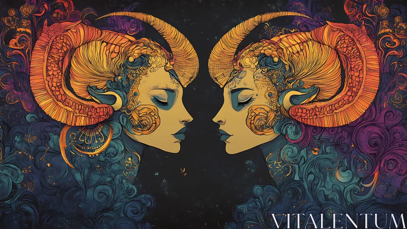 Twin horned goddesses in mirrored cosmic swirl profile.