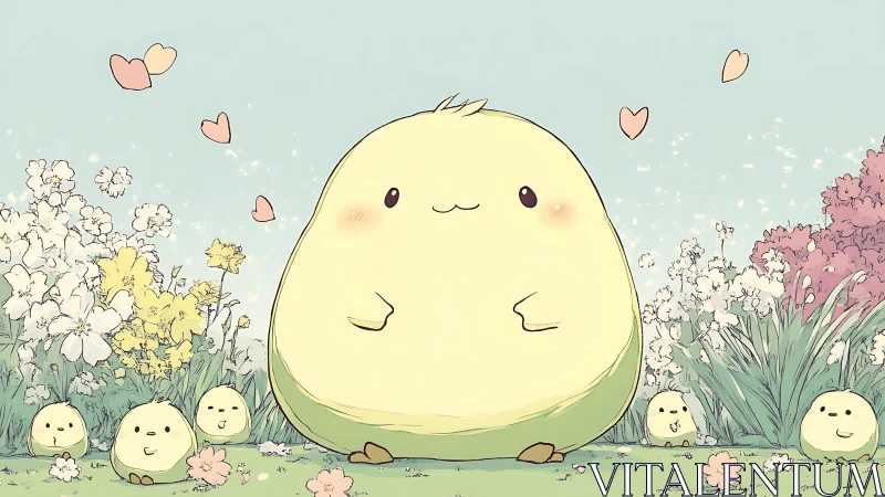 Pastel-rendered rotund chick surrounded by floral microfauna.