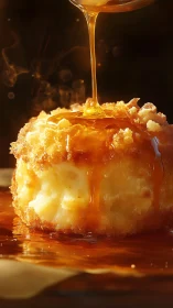 Photorealistic molten dessert with cascading caramel glaze.