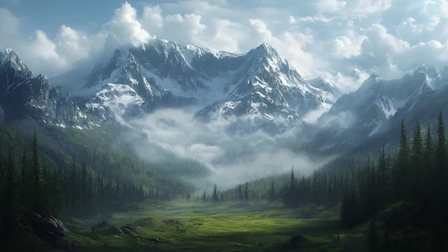 Snowy mountain range rises above misty conifer valley