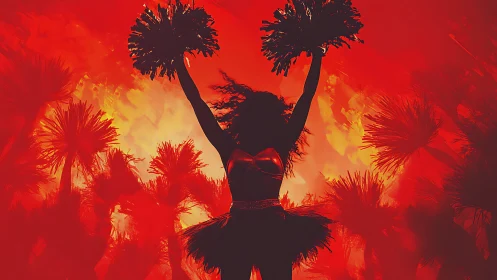 Silhouetted cheerleader raises pom poms before blazing red crowd