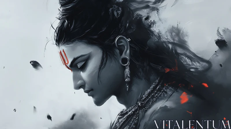 Serene warrior profile rests in swirling smoke and embers