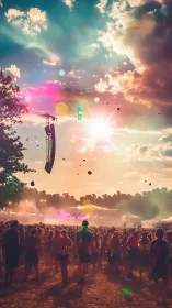 Sunlit music festival crowd under vivid lens flares.
