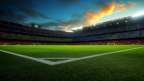Emerald pitch awaiting kickoff under wildfire sunset skies.