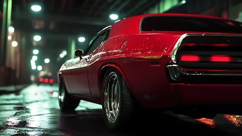 Red muscle car parked on wet city street at night scene.