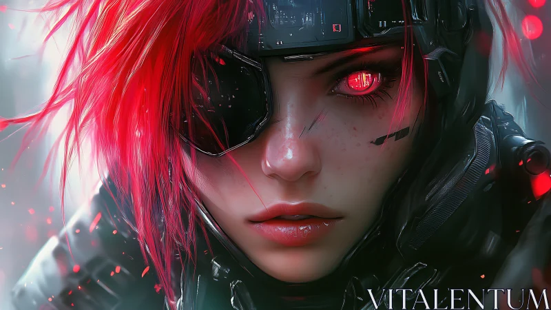 Cyberpunk woman with red hair and glowing cybernetic eye.