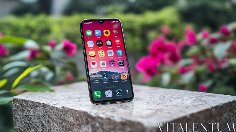 Modern smartphone displaying vibrant home screen in garden setting.