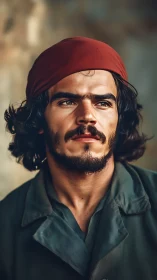 Cinematic portrait of rugged man in red headscarf, shallow focus