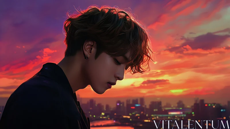 Side-profile portrait against chromatic urban sunset sky.