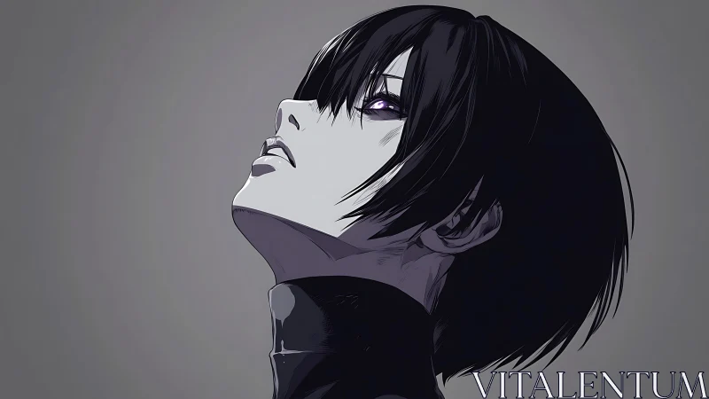 Moody anime portrait of dark haired character in profile.