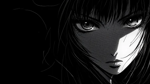 Intense anime heroine gazes forward in bold monochrome light