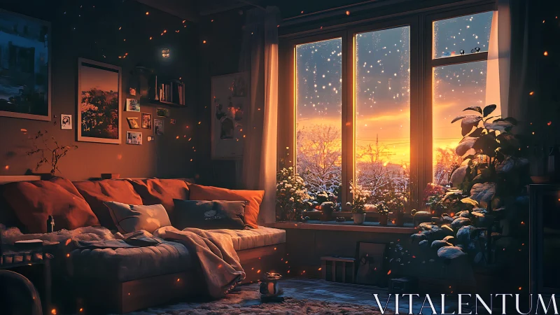 Winter sunset hygge interior with ember-lit digital ambiance.