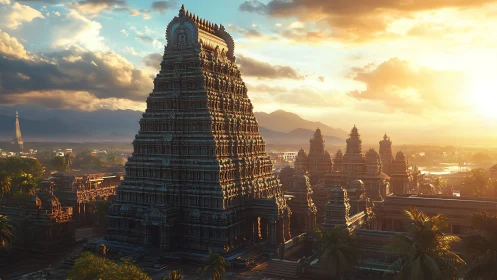 Sunlit stone temple complex rises against distant mountains