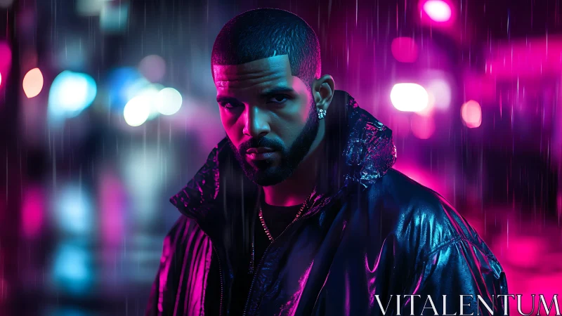 Neon rain carves a lone figure in electric magenta night.