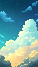 Sunlit dream clouds rising into a calm, starry evening sky.