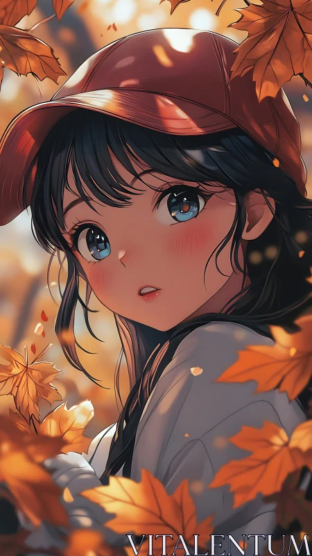 Autumn anime girl in red cap amid falling golden maple leaves