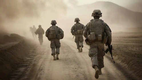 Infantry patrol advancing through aeolian dust corridor under load.