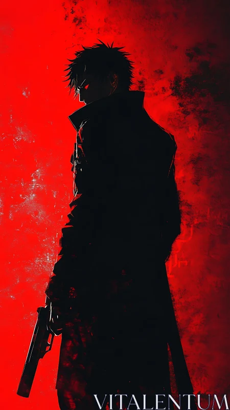 Cinematic red-backlit gunman in noir silhouette composition.